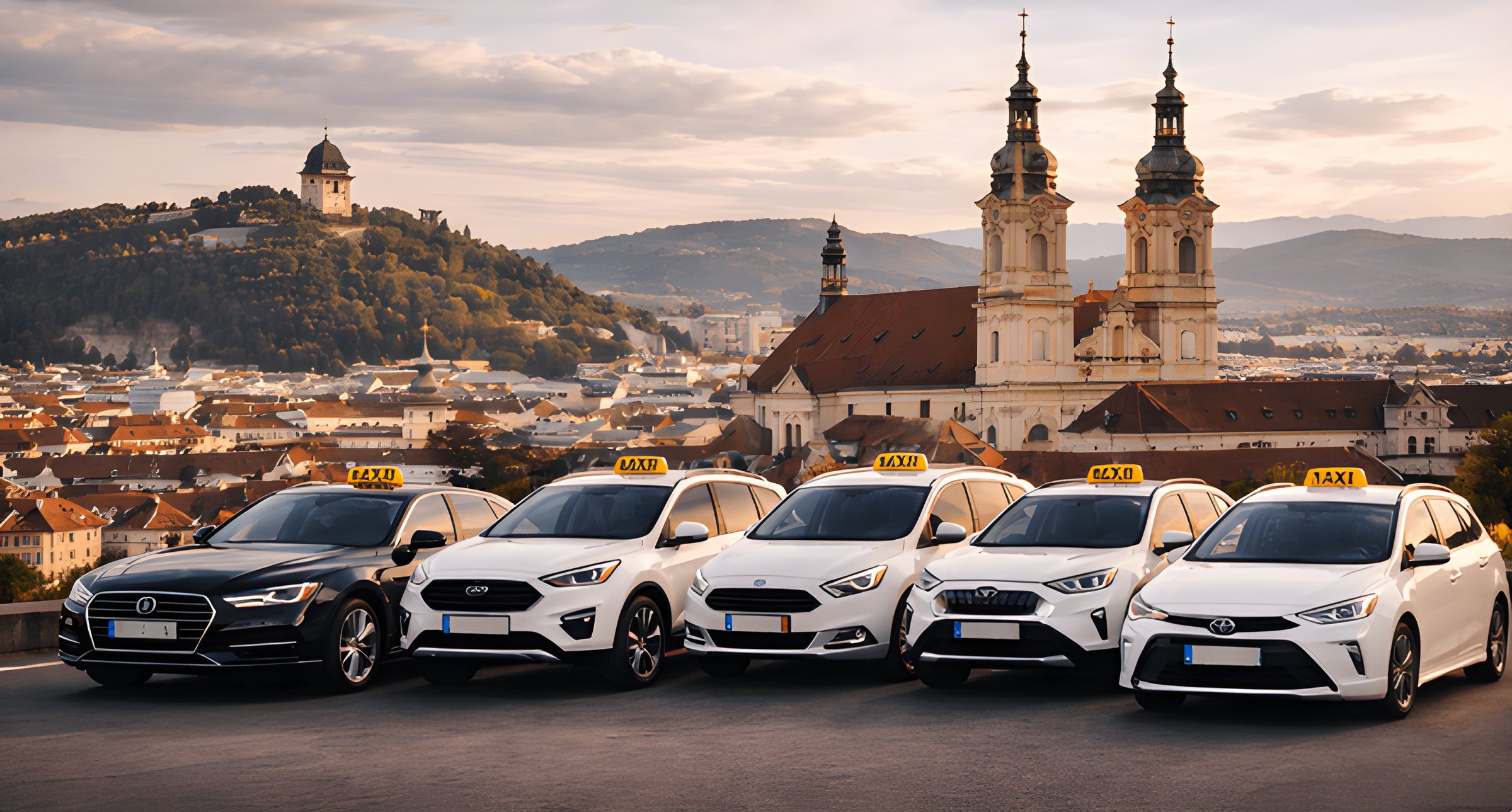 Flotte von Taxi Steiermark: Audi A8, Ford Galaxy, Ford Kuga und Toyota vor der Grazer Altstadt